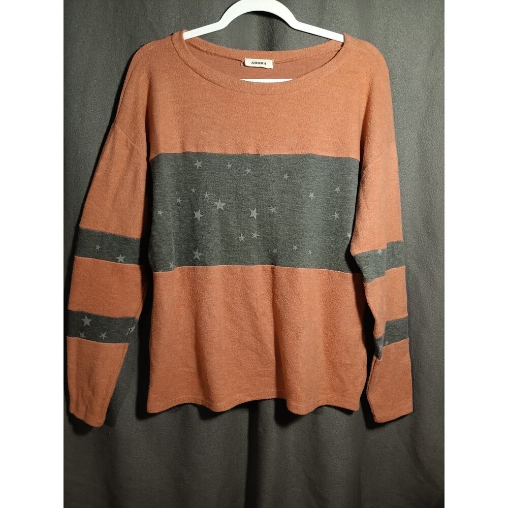 Adora Women’s Small Rust Orange Stripe Star Print Lightweight Soft Long Sleeve - Picture 1 of 7